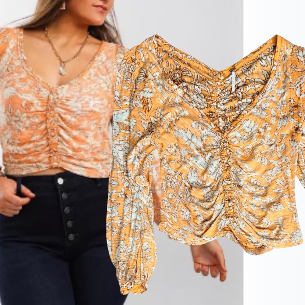 Free People Top One Adored Ruched Floral Paisley Orange Large